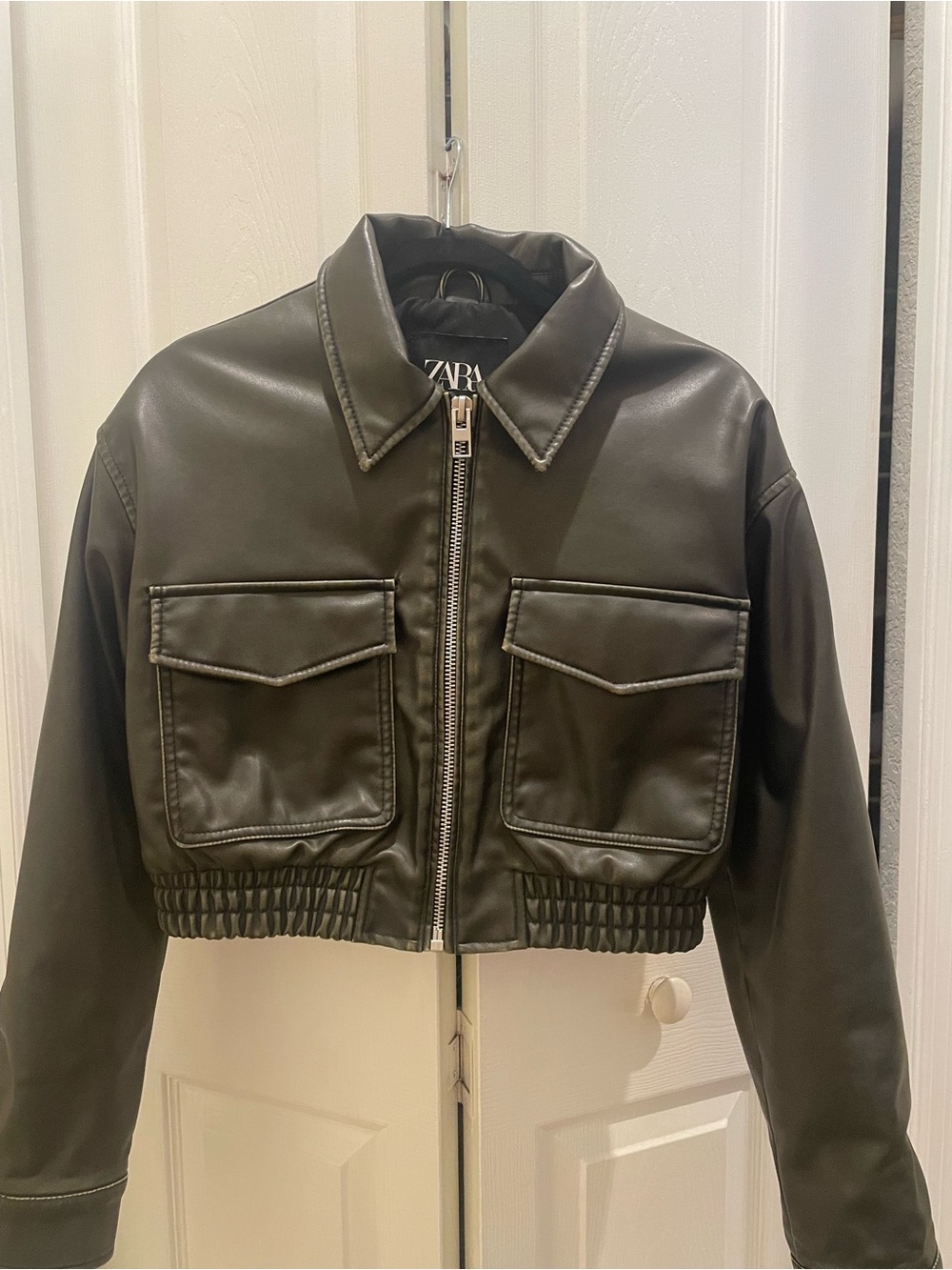 Zara Charcoal Faux Leather Bomber Jacket with Front Pockets